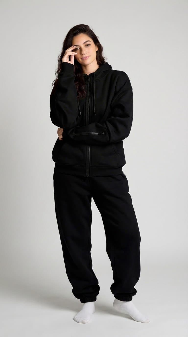 Black oversized zip-up hoodie — styled view